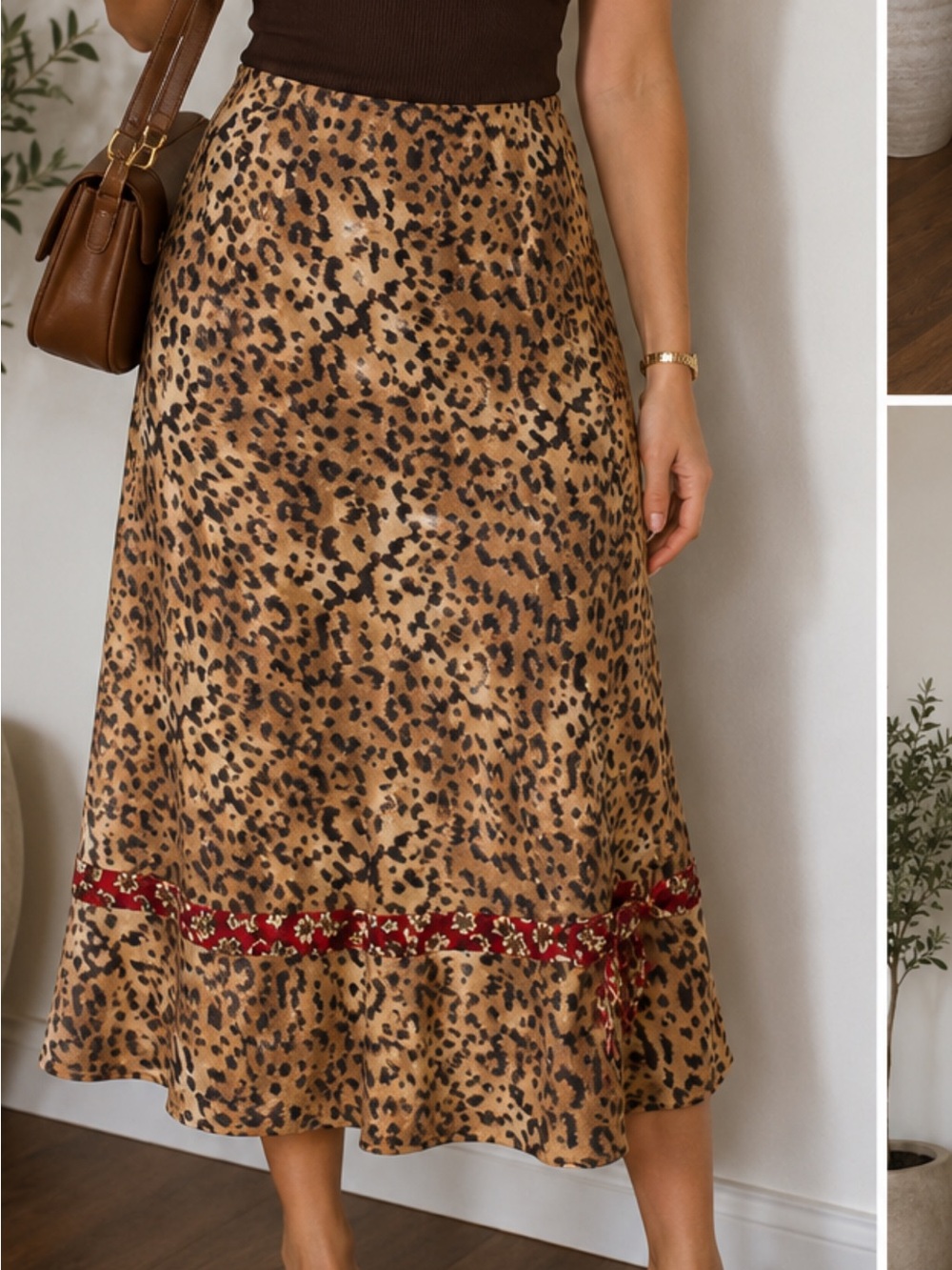 Leopard Print Midi Skirt with Red Trim Detail